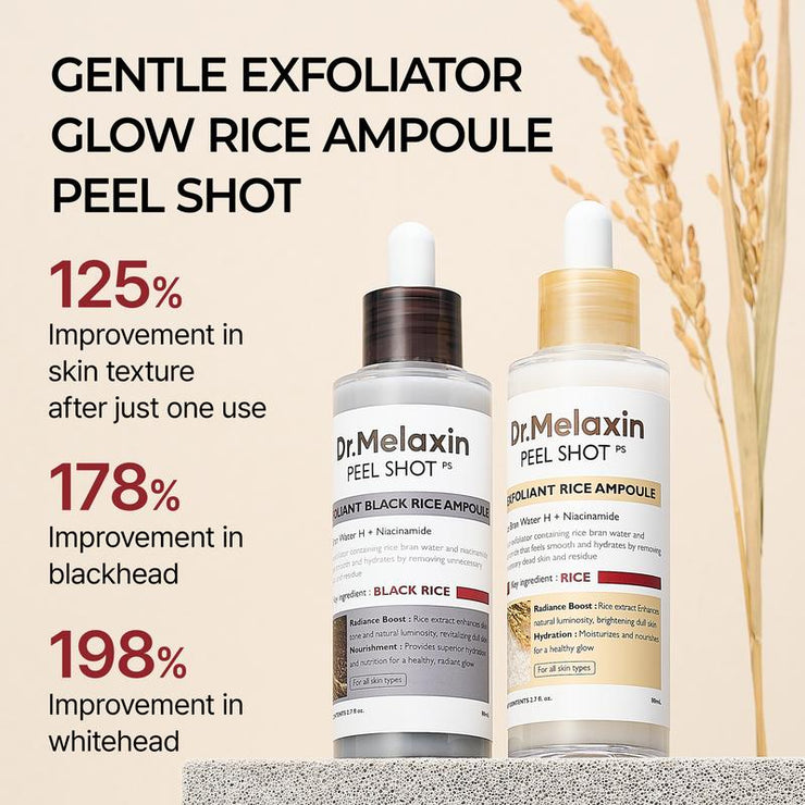 [Dr.Melaxin Official] Peel Shot Glow Rice Ampoule Duo - Serums for Brightening, Exfoliating, and Moisturizing - Suitable for All Skin Types